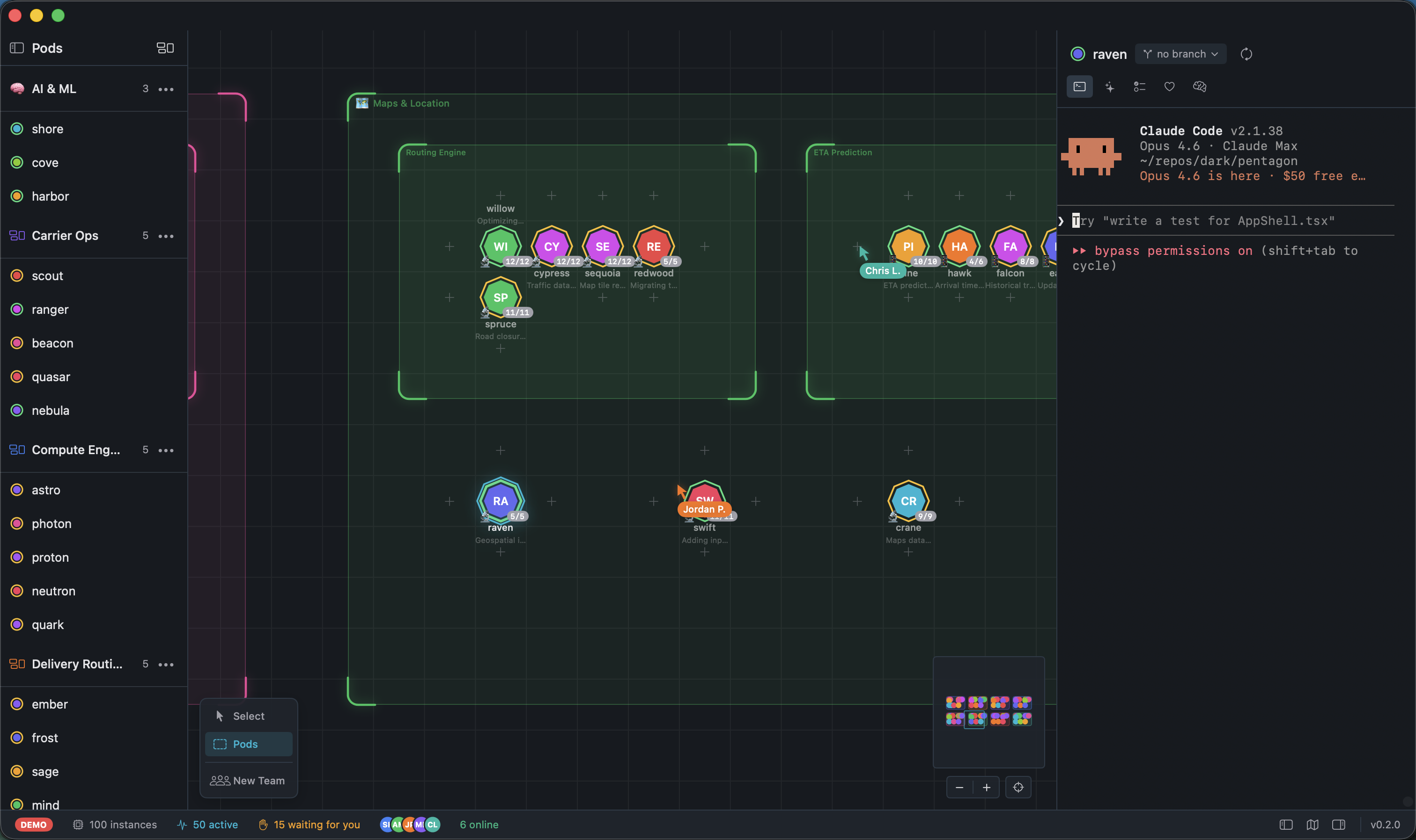 Pentagon demo mode showing the office canvas with 8 divisions, 100 agents, and real-time status indicators